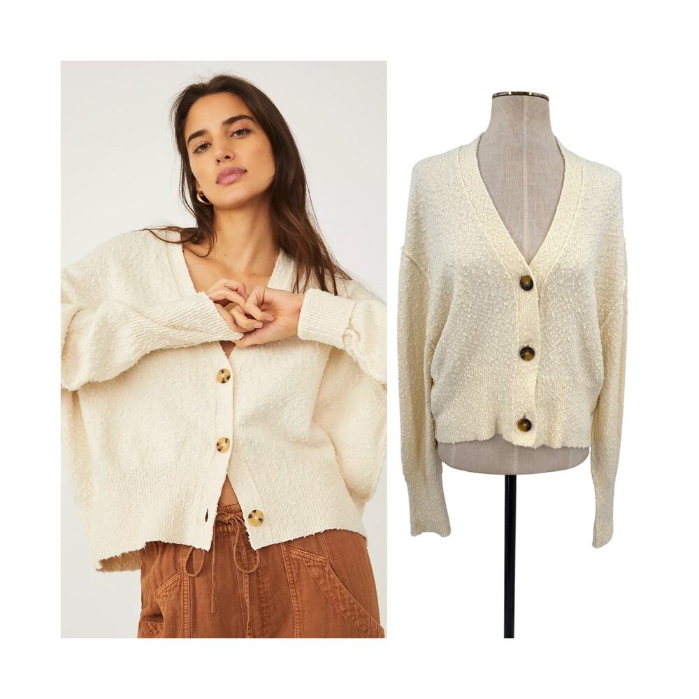 Free People Found My Friend Cardi Cream Boucle Knit V Neck Button Cardigan XS